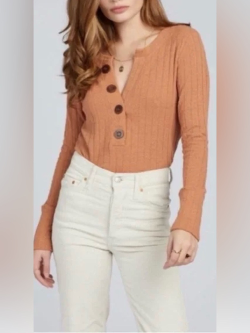 Free People Oliver Clay Long Sleeve Henley  Raw Hem Ribbed Top Size M